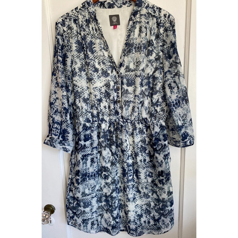 Vince Camuto Chiffon Blue White Abstract 3/4 Sleeve Button Front‎ Dress Sz 8